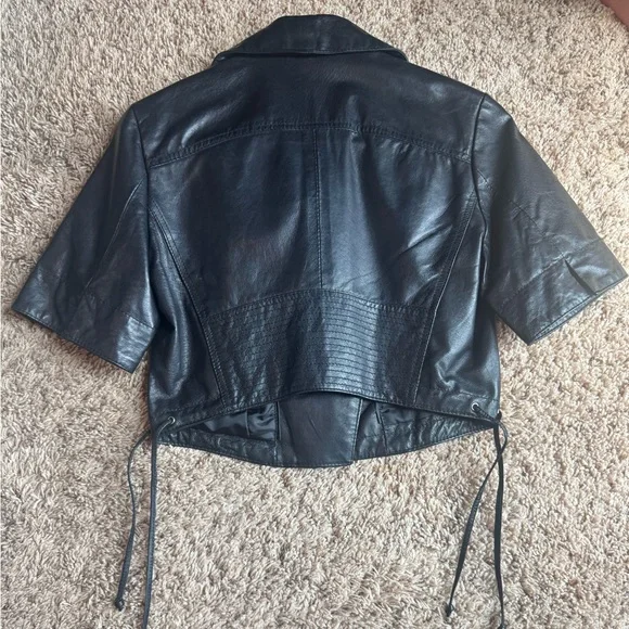 Women's Black Crop Leather Jacket - Picture 2 of 5